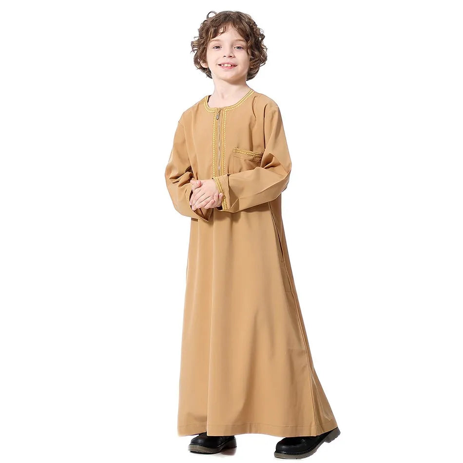 2025 New Children Thawb Teens Summer Muslim Robe Kids Arab Folk Clothes Boys Solid Color Thobe 5-14 Years National Outfit