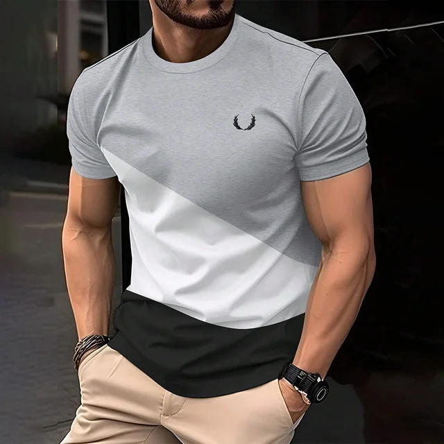 2025 Fashion Men's Color Blocking Printed T-Shirt Casual Street Male Crew Neck Short Sleeve T Shirt Large Size Menswear Clothing