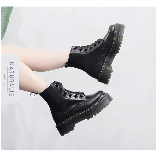 Genuine Leather British Style Thick-Soled Boots for Women 2025 New Autumn and Winter High-Top Height-Increasing Mid-Calf Black P