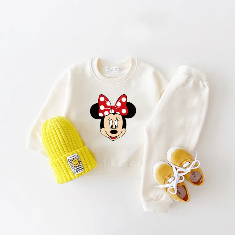 Minnie Sweatshirt Suits Black White Two Piece Set Spring Autumn Costume Fashion Simple Hoodies Sweatpants Kids New Clothing