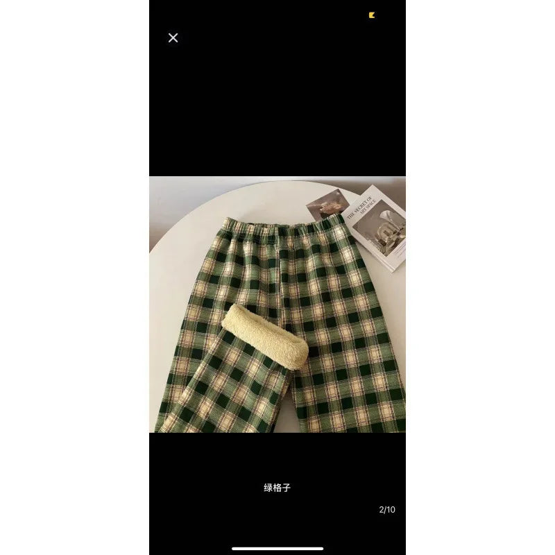 High Waist Straight Leg Pants Women's Autumn Winter Thickened Fleece Lamb Velvet Plaid Pants Loose Wide Leg Casual Trousers