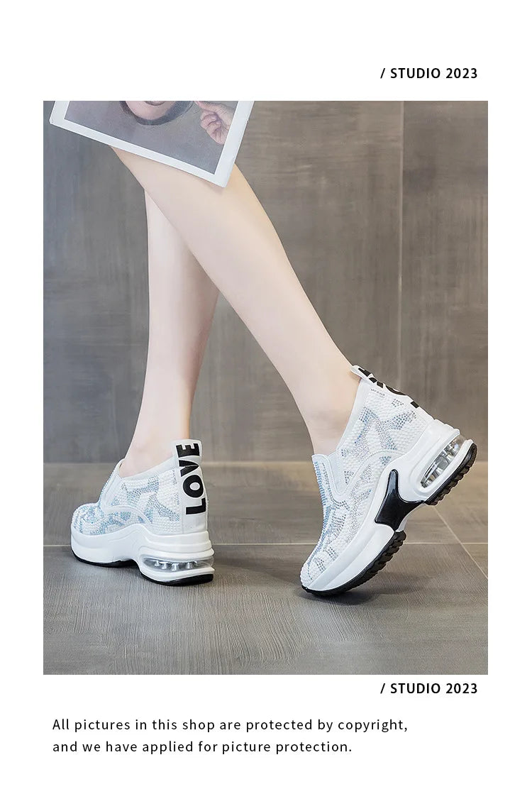2023Women's Shoes  Autumn New Casual Small White Shoes Rhinestone Platform Sports Air Cushion Shoes Plus Size Zapatos De Mujer