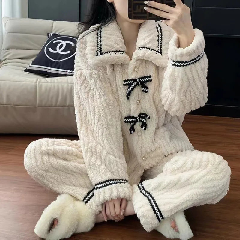 2025 Coral Fleece Women's Sleepwear Thickened Flocking Home Clothes Warmth High Sensation Long Sleeve Pants Set Home Leisure