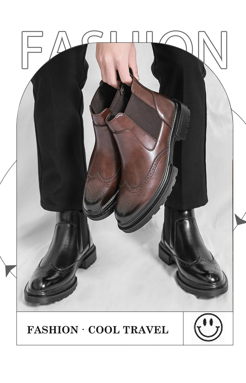 Men's riding boots British-style retro brogue carved high-top leather shoes men's casual leather shoes thick-soled leather boots