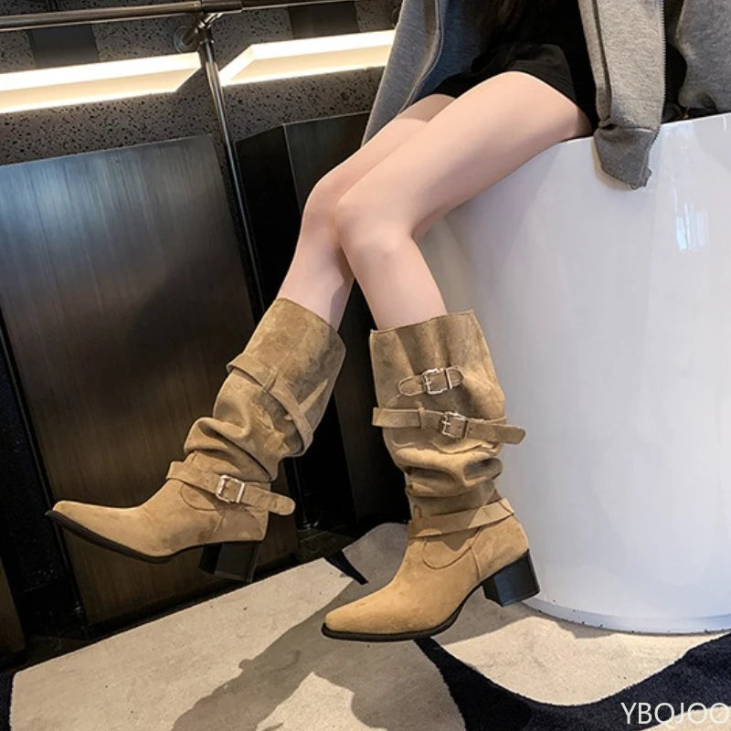 Spring and Autumn Fashion New Pointed Cowboy Coarse Heel Stacked Boots New Style No Knee Large Barrel Giroud Women's Boots