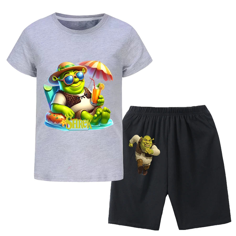 Shrek Child Tracksuit Blouse Short Sleeve Family Matching Clothes Sets for Baby Set for Children From 6 To 12 Years Old Summer