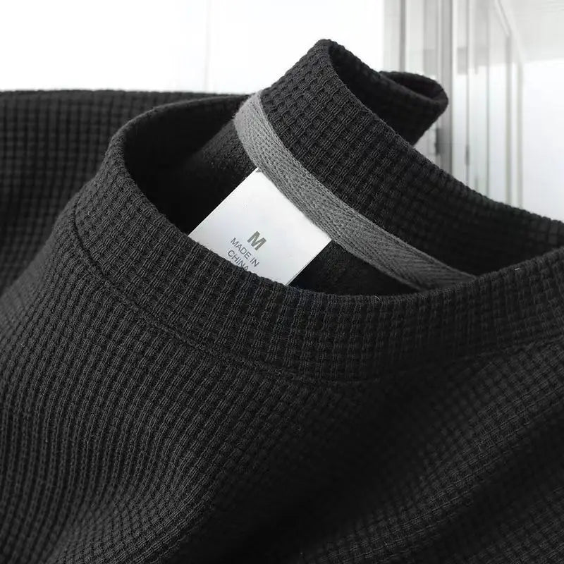 Waffle Short Sleeved T-shirt for Men and Women Summer Japanese Round Neck Half Sleeved Top Loose Casual Solid Color T-shirt