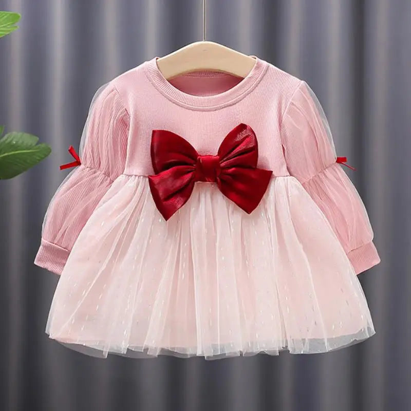 Children's Korean version dress girls' spring and autumn fashion long sleeved bow mesh dress baby's birthday dress 0-4Y