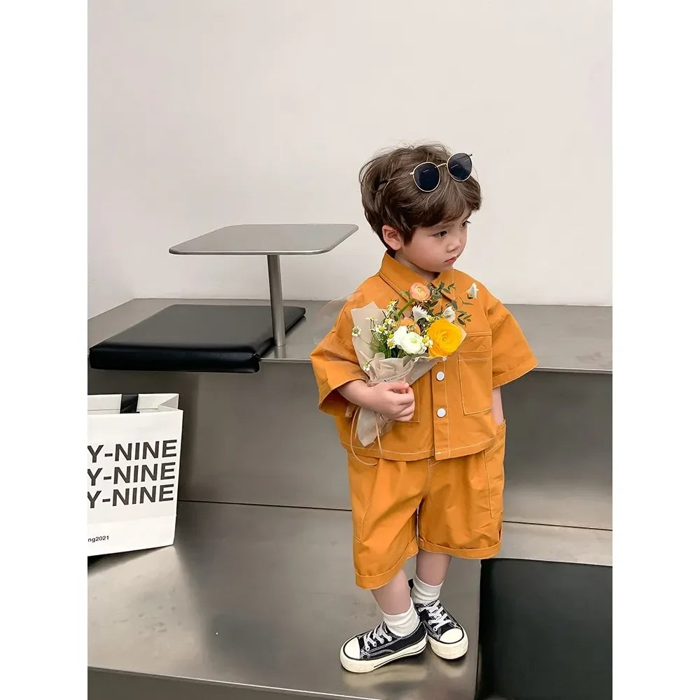 2-9 Y Summer Korean Toddler Boys Baby Handsome Clothes Outfits Kids Boy Cotton Shirt + Shorts 2pcs Sets Fashion Birthday Outfit