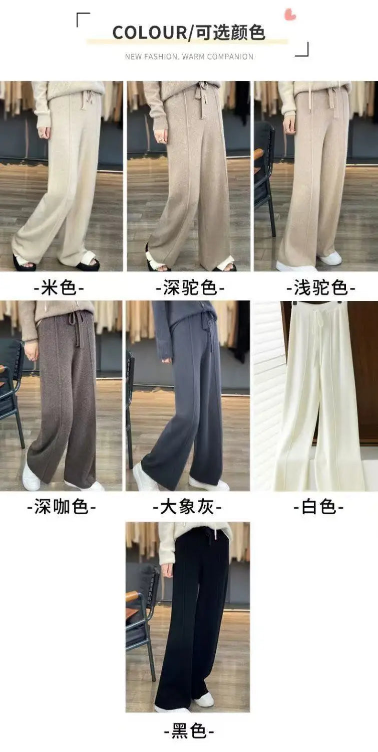 Women Merino Wool Knitted Wide Leg Pants Autumn Winter Basic Soft Warm Cashmere Knit Trousers Casual Simple Style Korean