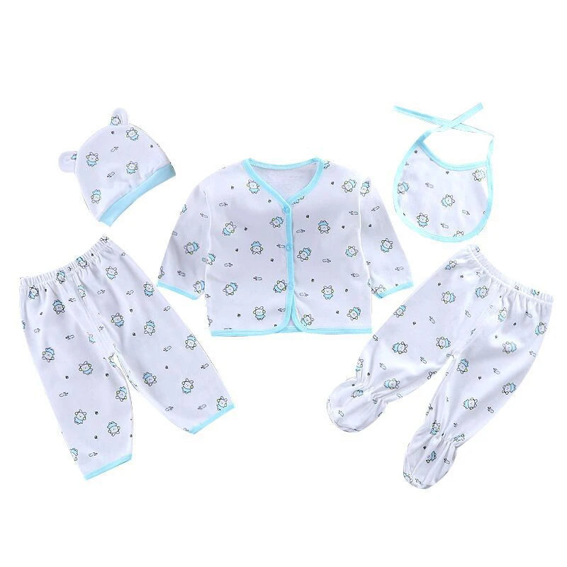 5Pcs/Set Newborn Baby Girl Clothes Set Cotton Soft Underwear Infant Boy Outfit Children Girl Top+2Pant+Bib+Hat Toddler Clothing