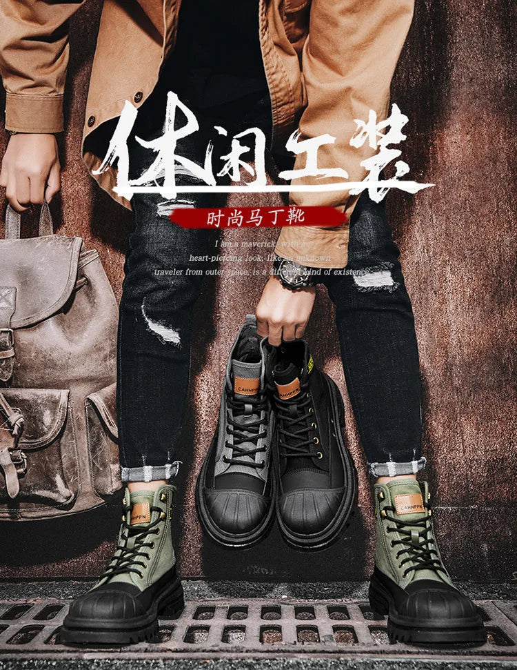 Boots Men's Shoes  Autumn and Winter Breathable High-top Boots Heightened Thick-soled All Match Canvas Casual Shoes Mens Boots