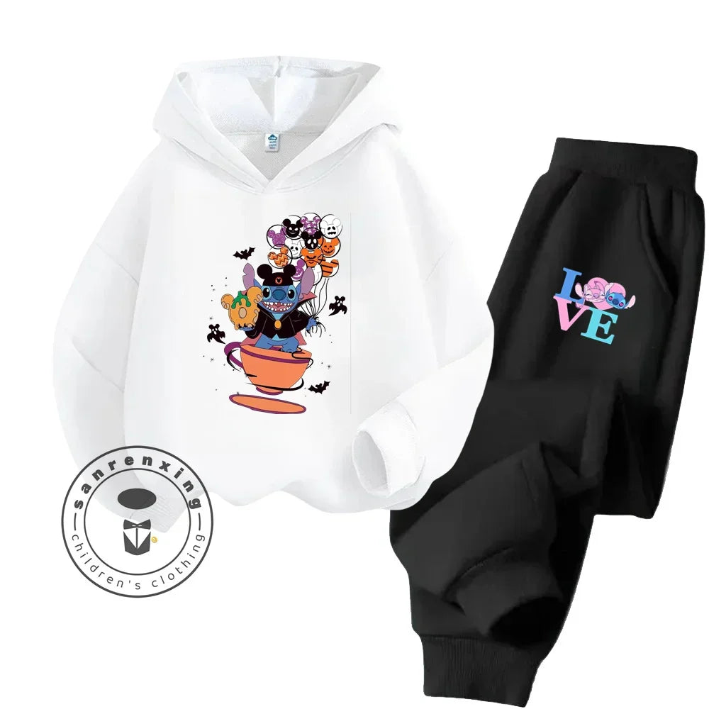 Cartoon Stitch Children Hooded Sweatshirt+Pants Two-piece Set Boy Girl Autumn Winter Daily Outdoor Vacation Warm Soft Sportswear