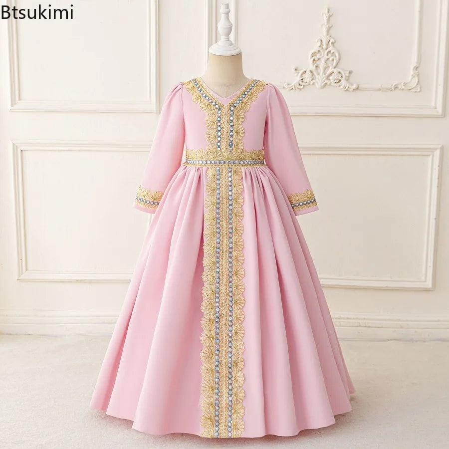 Middle Eastern Arabian Kids Robe Splice Embroidered Belt Dress Muslim Long Sleeve Abayas Dubai Islam Girls Lace Dress Party Gown