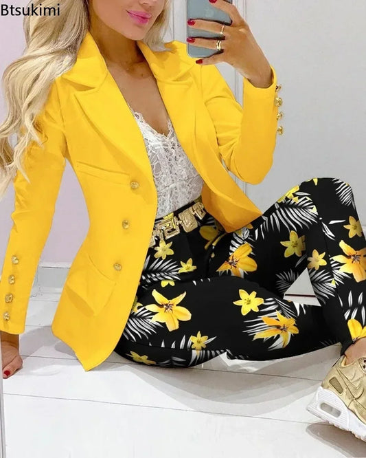 2025 Spring Autumn Two Piece Set Women Office Tracksuits For Ladies Outfits Lapel Collar Double Breasted Blazer Suit Pants Set