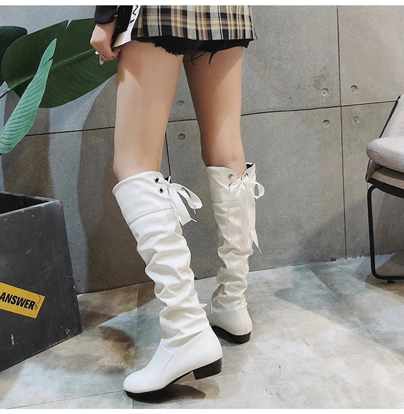 2023Shoes For Women  Knee High Boots Red Black White Tall Boots Woman Pleated Low Heel Casual Leather Female Long Shoes