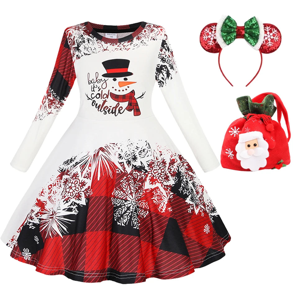 Kids Christmas Dress For Girls Clothes Autumn Winter 2026 New Children Cute Cartoon Print Long Sleeve Xmas Party Casual Dress