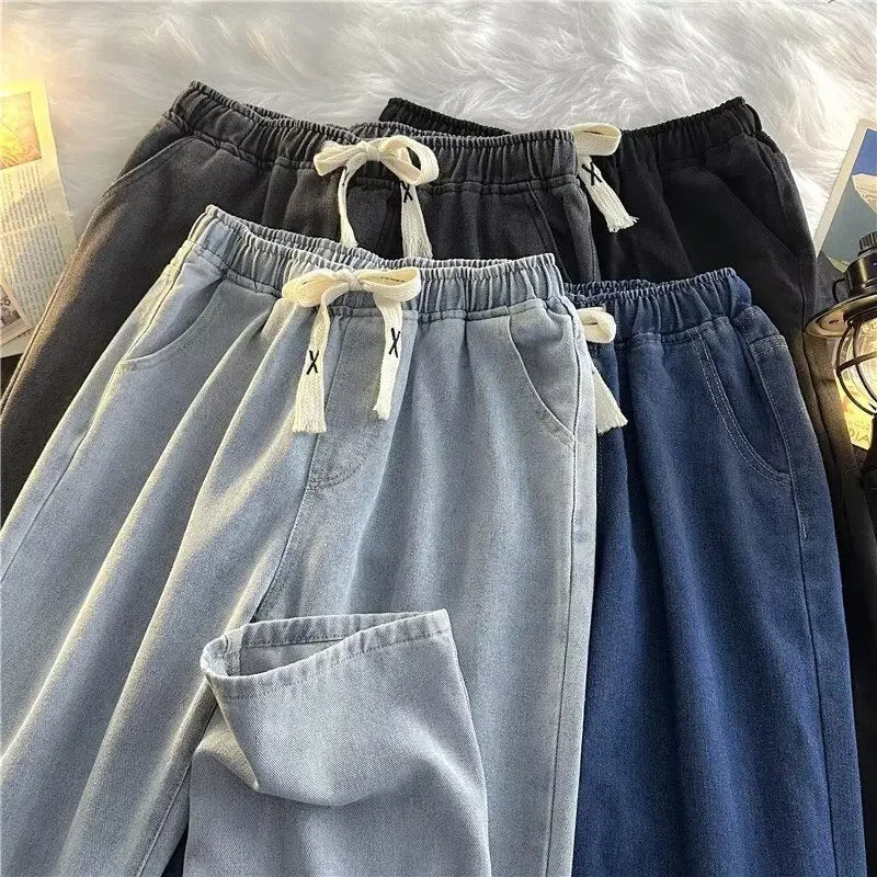 Trendy Loose Straight Leg Jeans Elastic Waist Slim Fit Wide Leg Pants Solid Color Summer New Arrival Versatile Casual Trousers