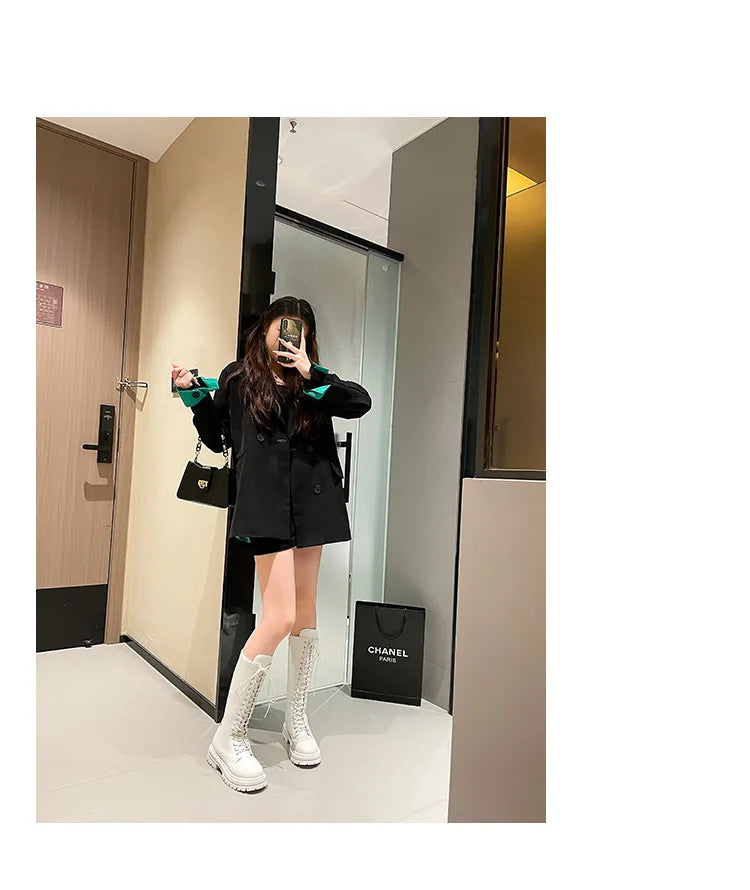 Long boots for women  spring 2025 new white thick soled long boots with thick legs and high waisted straps