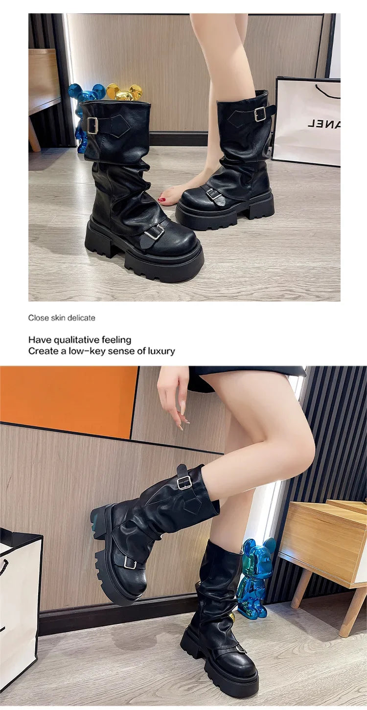 Women's Boots Brown Maillard Retro New Spring Autumn Height Increasing Comfortable Anti Slip Fashion Belt Buckle Boots 2025
