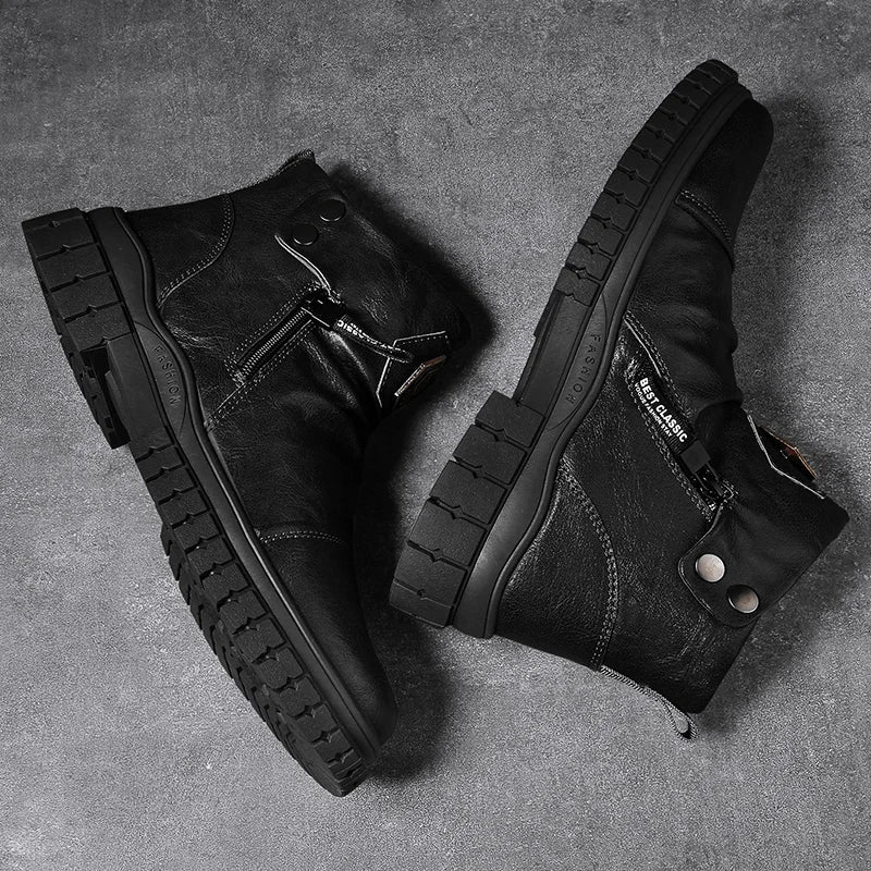 Fashion Mens Ankle Boots British Style High Top Casual Shoes Outdoor Walking Shoes Non-slip Work Boots Comfortable Leather Boots