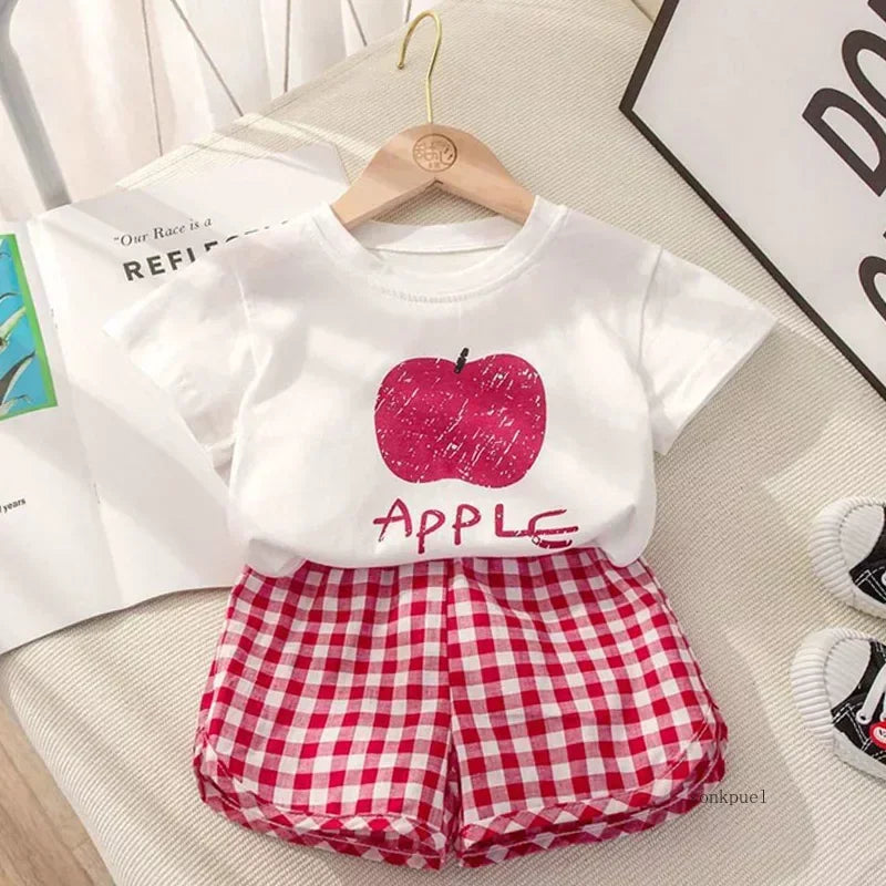 Baby Girls Set Summer Children Clothing Sets Plaid Shorts Short Sleeve T-Shirt Baby Girl Clothes Sweet Cute Outfits for 2-4Years