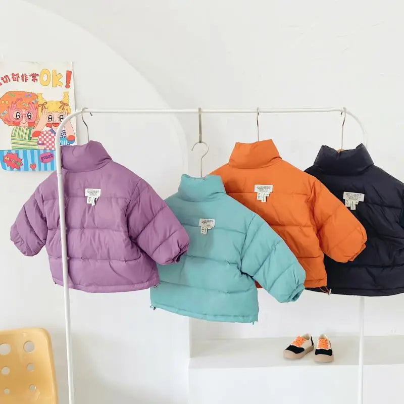 Children Boys Short Thick Parkas Standing Collar Silk Floss Bread Jacket for Boy Girl Letter Warm Solid Toddler Boys Winter Coat