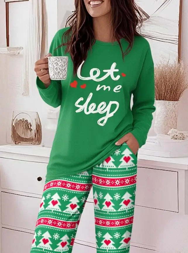 Letter Printed Round Neck T-Shirt and Christmas Tree Love Printed Straight Leg Pants Set Christmas Ladies' Pajamas Set