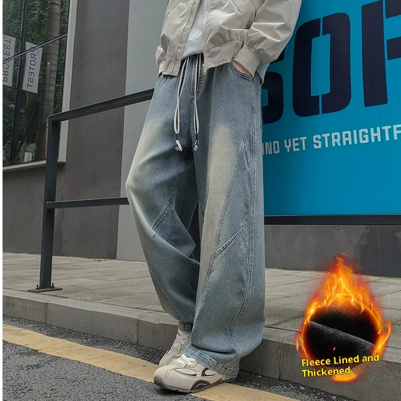 Men's Fleece-Lined Thick Wide-Leg Jeans with Vintage Washed Design, Elastic Drawstring Waist, Winter Warmth That Doesn'T Freeze the Legs, Available in Black/Blue, Loose Fit That Makes You Look Slimmer and Taller, Suitable for