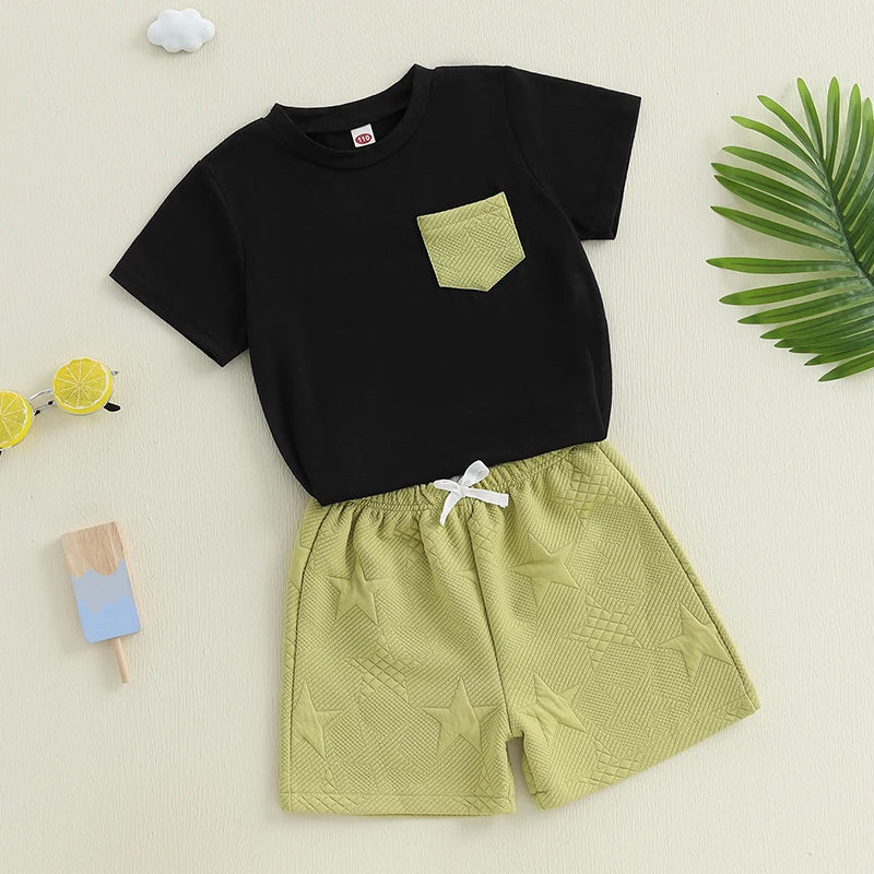 Pudcoco Kids Baby Boys Shorts Set, Short Sleeve T-shirt with Elastic Waist Stars Shorts Toddler Set Summer Outfit