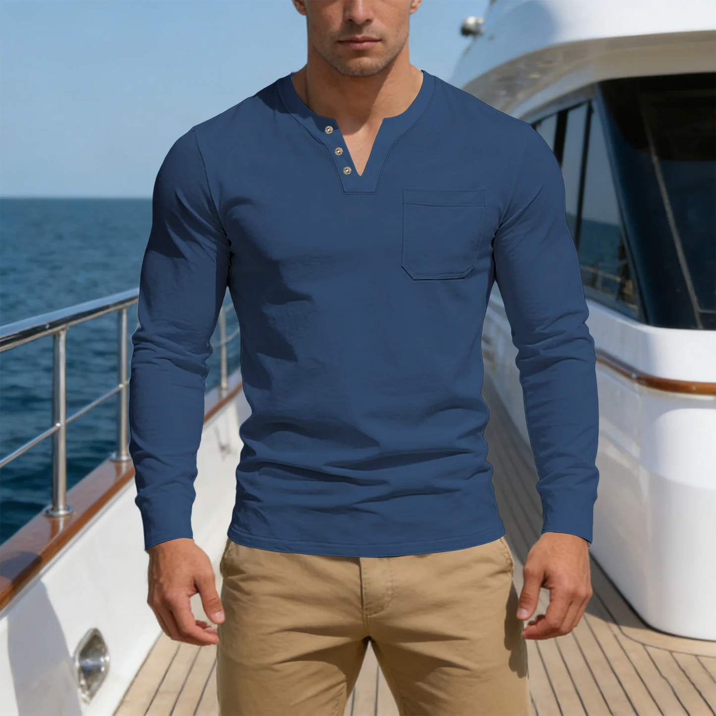 New Spring/Summer Men's Casual V-neck Long sleeved Top with Button Pocket T-shirt Outdoor Versatile Trendy Fashion Men's Top