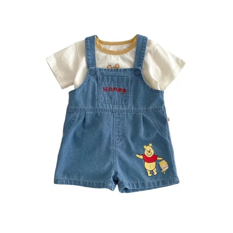 Baby Cartoon 2pcs Set for Summer Winnie Bear Short Sleeve T-shirt Loose Denim Straps Shorts Girl and Boy Clothes Set