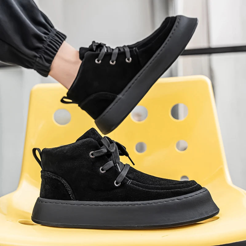 Men's High-top Boots in Solid Colors Flat Heels and Lace-up A Trendy Brand Design for The Four Seasons Fashion Walking Boots