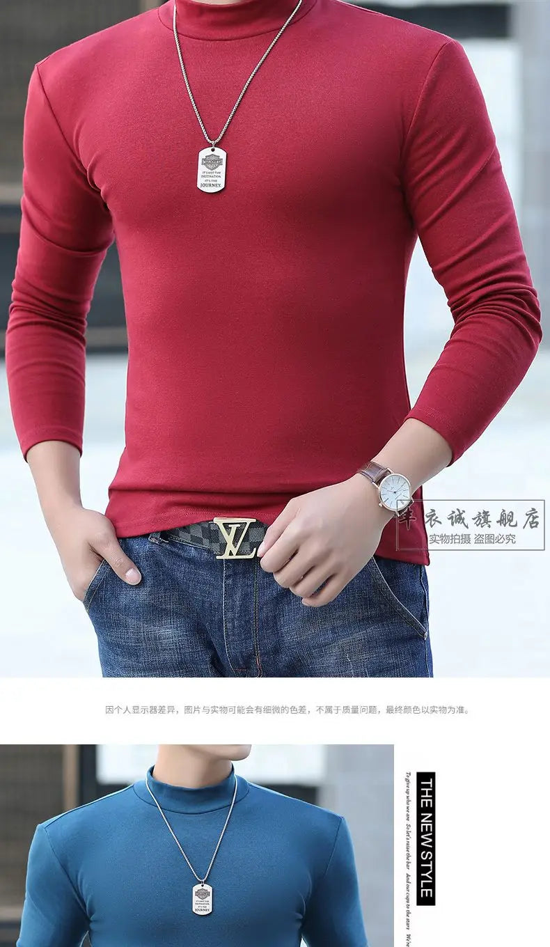 Fashion Men's Oversize High Collar Long Sleeves Autumn Winter Pure Thermal Shirt for Men  Layering Stylish T-Shirt