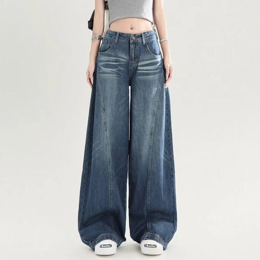 American Retro Deep Blue Wide Leg Denim Jeans Women Summer High Waist Draping Loose Slim Straight Casual Long Trousers