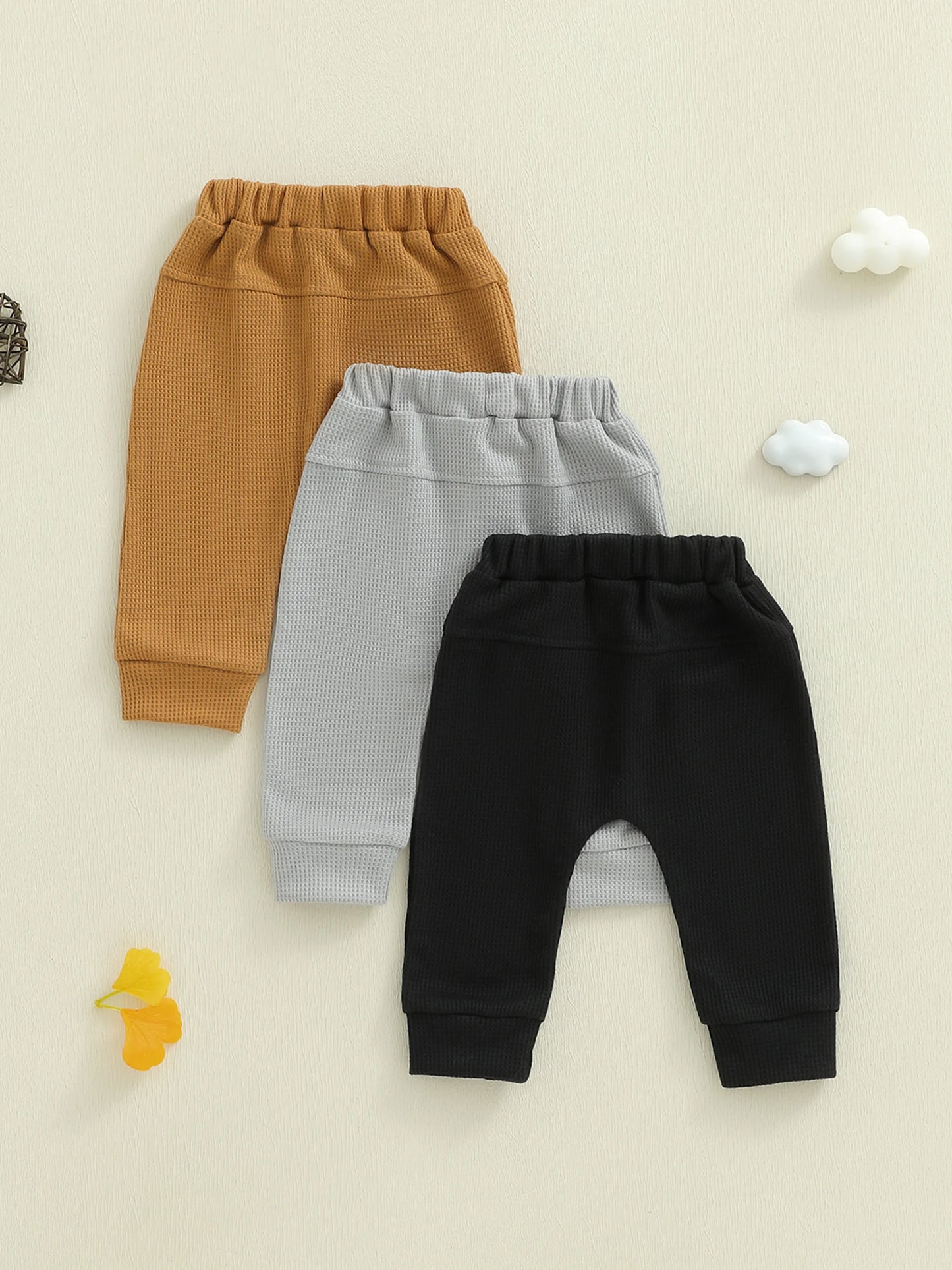 3 Pack Waffle Texture Casual Pants Soft Solid Color Elastic Waistband Toddler Boys Trousers