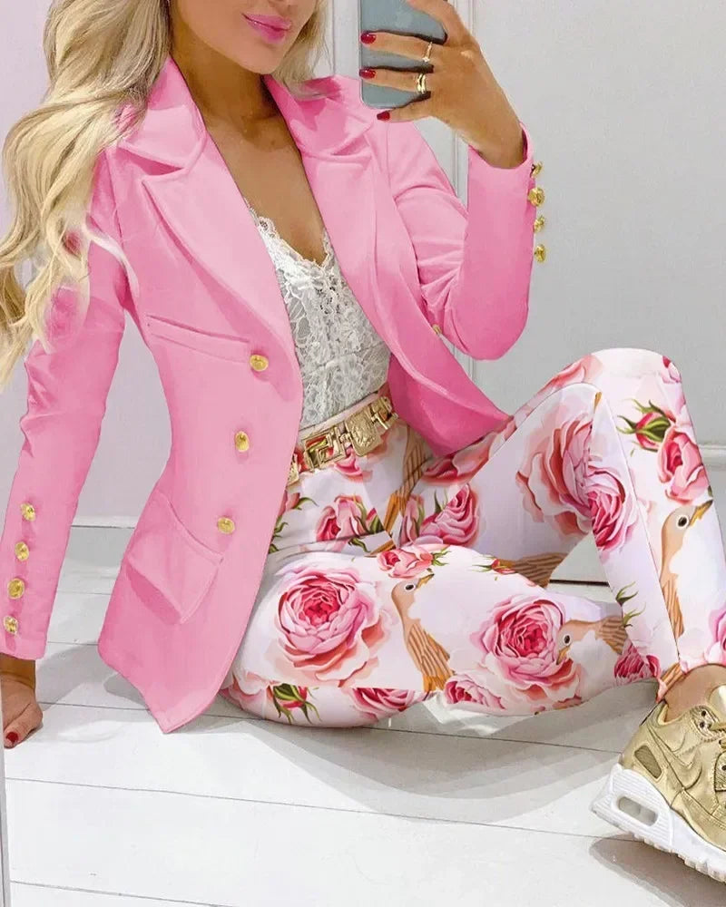 2025 Spring Autumn Two Piece Set Women Office Tracksuits For Ladies Outfits Lapel Collar Double Breasted Blazer Suit Pants Set