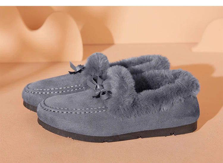 Women Winter Casual Shoes New Moccasins Soft Flat Non-slip Loafers Fashion Comfort Warm Plush Bow Slip on Female Cotton Shoes