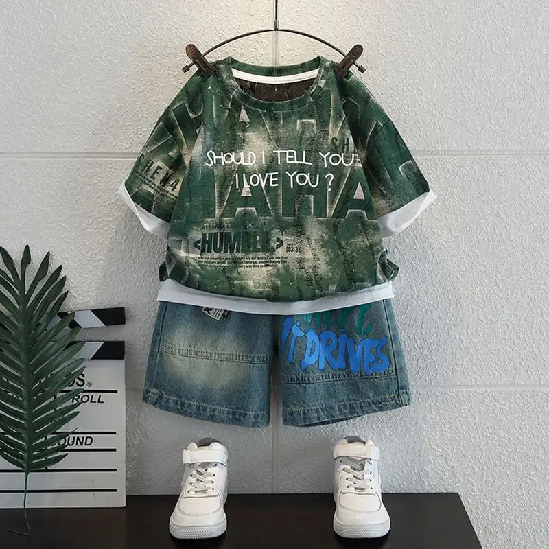 Korean Baby Boys Summer Sets Children's Clothing Short-Sleeved Letter T-Shirt & Denim Shorts Kids Boys Outfits Clothes 2-11Y