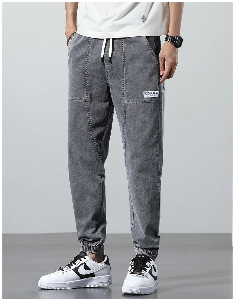 2025 Spring Summer Jeans Men Cotton Thin Beam Feet Harem Pants Elastic Drawstring Waist Light blue Joggers Trousers Male 28-38