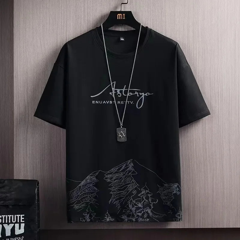 Ice Sensation Printed Summer Short Sleeve T-Shirt Set Men's Loose Basketball Sports Two-Piece Quick Dry Breathable Casual Wear