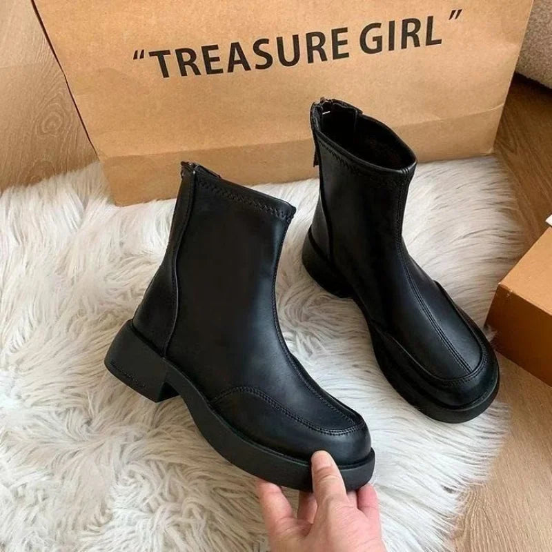 Women's British Chelsea Boots     Black Square-Toe Elastic Booties Side Zip Fringe Winter Shoes Versatile Winter Shoes