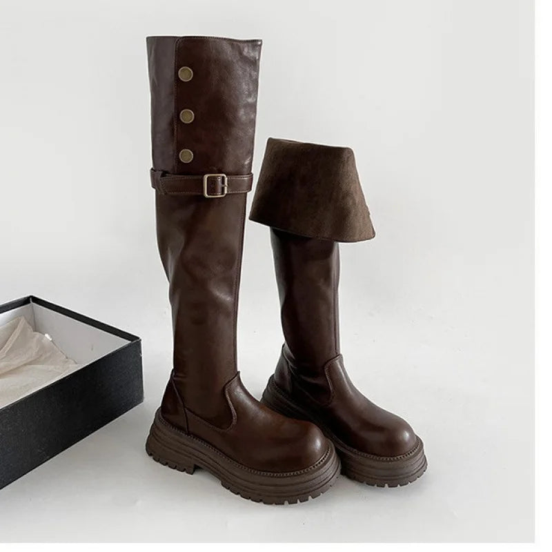 Over-the-Knee Boots2025Autumn and Winter New Retro British Style Chunky Heel Platform Boots Women's Tube Skinny Boots