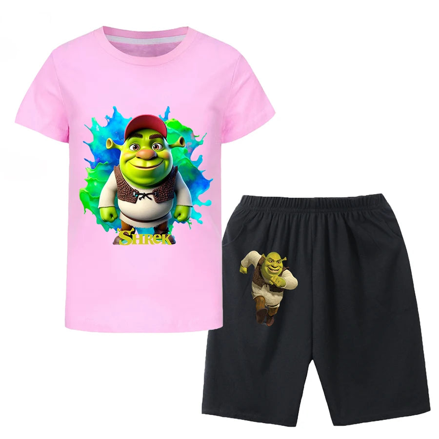 Shrek Child Tracksuit Blouse Short Sleeve Family Matching Clothes Sets for Baby Set for Children From 6 To 12 Years Old Summer