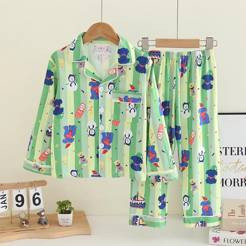 Cartoon New Spring Autumn Children's Pajamas Set Girls Boys Teenagers Stitch Long-sleeved and Pants Outside Home Clothes Set