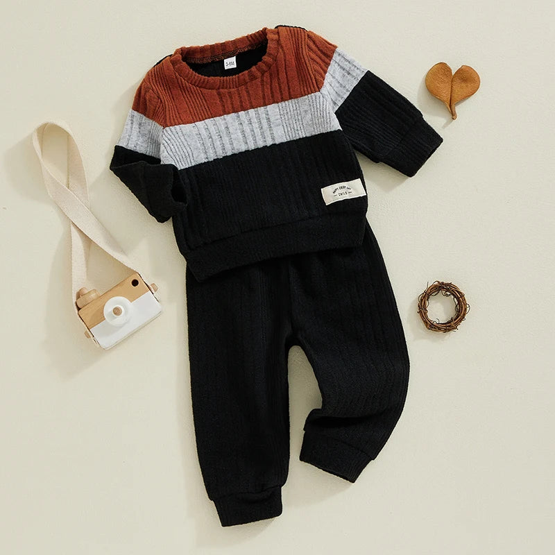 Pudcoco Infant Baby Boy 2Pcs Fall Outfits Long Sleeve Contrast Color Sweater + Pants Set Warm Clothes