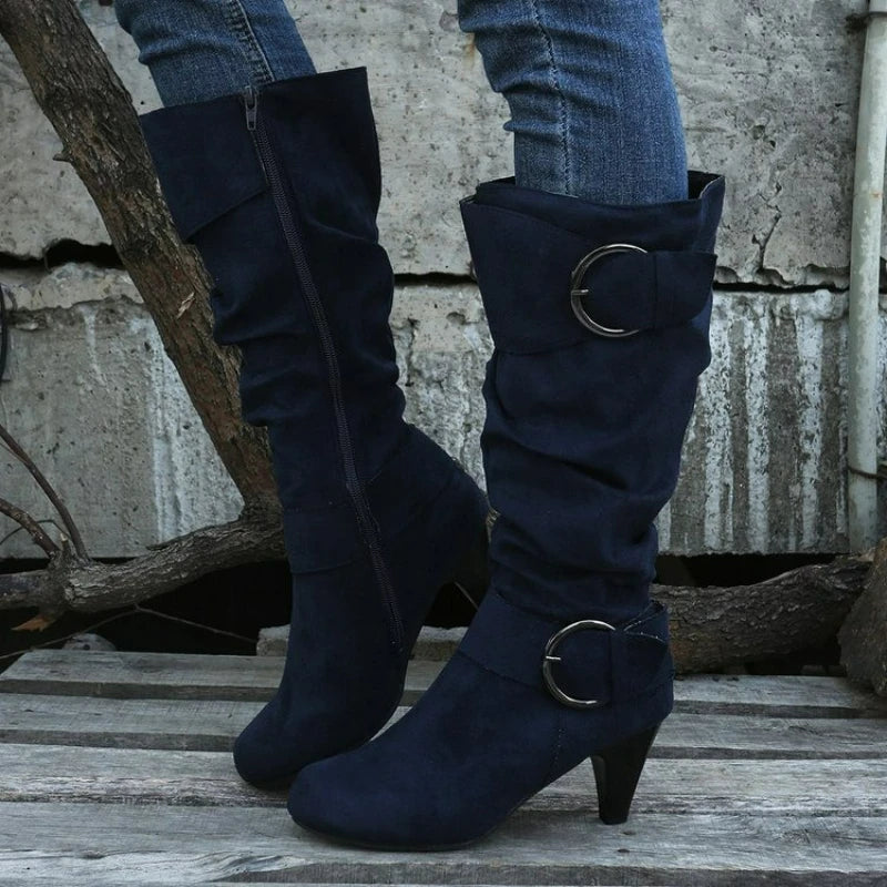 Women's Boots Side Zipper Modern Boots Fashion Pointed Toe Shoes High Heels Suede Mid-Calf Boots Solid Belt Buckle Casual Boot