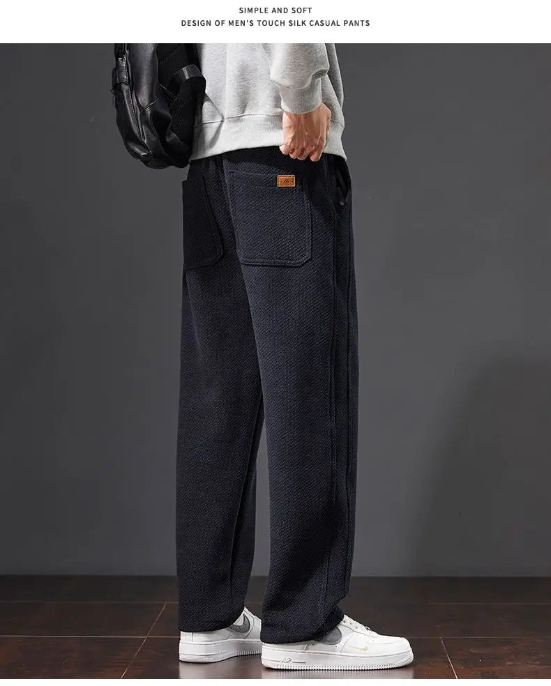 Autumn and Winter Plush Knitted Plaid Comfortable Wide Leg Straight Casual Pants Men Slacks Men's Pants Plush Slacks