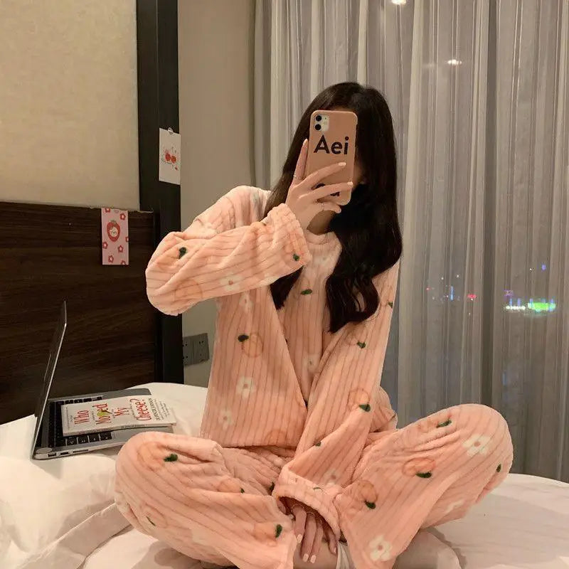 Autumn Winter Plu Print Bear Home Clothes Set Comfortable Long Sve Crew Ne Sweatirt And Pants Spwear for Young Women
