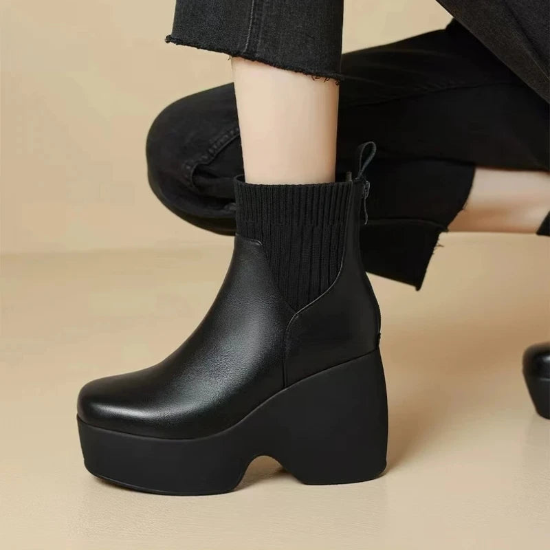 Comfortable Fashion Soft Leather Boots Women's Platform 2024 Winter Warm Round Head Flexible Med Block Sock Mom Ankle Boots